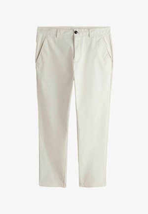 Svetlo béžové rovné nohavice s bočnými vreckami, pútkami na opasok, zapínaním na gombík a zipsom vpredu.