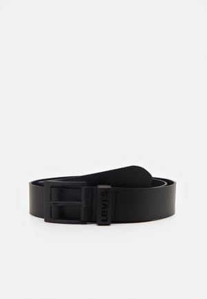 Black leather belt featuring a rectangular metal buckle. The buckle has a matte finish and includes a rectangular logo plate.