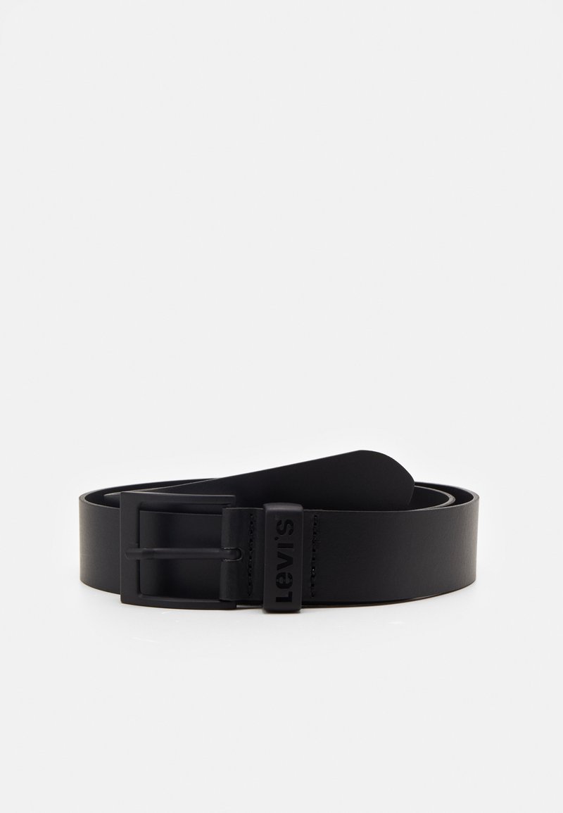 Black leather belt featuring a rectangular metal buckle. The buckle has a matte finish and includes a rectangular logo plate.