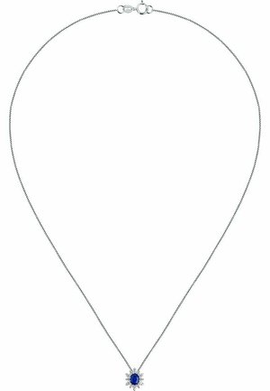 Silberne Kettenhalskette mit einem ovalen blauen Edelstein, der ein blütenähnliches Design und kleine klare Akzente aufweist, polierte Oberfläche, mit Verschluss.