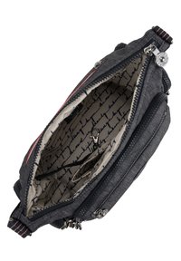 Gray fabric purse with a zippered opening, featuring a patterned interior in beige with dark text. Includes multiple compartments and silver hardware.