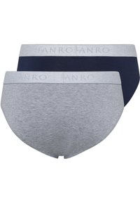 Due paia di slip da uomo, uno in navy scuro e l'altro in grigio chiaro. Entrambi presentano un tessuto morbido e una vita elasticizzata con marchio in rilievo.