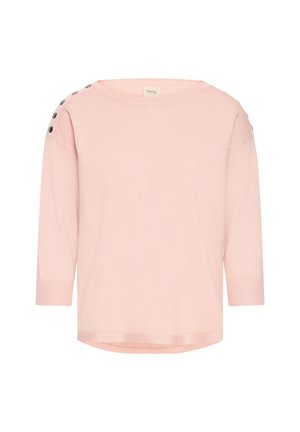 Gaiši rozā trikotāžas tops ar trim ceturtdaļas piedurknēm, apaļu kakla izgriezumu, fakturētu audumu un melniem pogu akcentiem plecos.