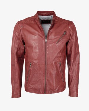 Rote Lederjacke mit Reißverschluss vorne, Stehkragen und zwei seitlichen Taschen. Verfügt über Nähte und ein gestreiftes Innenfutter.