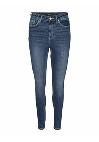 Modre skinny kavbojke z visokim pasom, petimi žepi in sprednjim zadrgo. Imajo subtilno zbledelost in šivane detajle.
