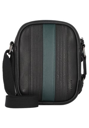Black leather crossbody bag featuring vertical ridges and a central teal stripe. Includes a black fabric strap and metal hardware accents.