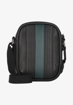 Black leather crossbody bag featuring vertical ridges and a central teal stripe. Includes a black fabric strap and metal hardware accents.
