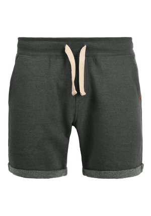 Șorturi din bumbac gri închis cu interior din fleece, având margine rulată, talie elastică și șnur bej.