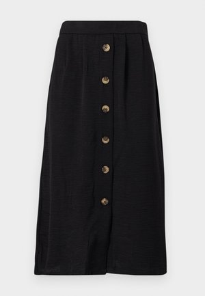 Black midi skirt with a textured fabric, featuring a front button closure with five bronze buttons and a straight shape.