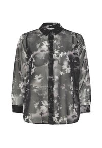 Blusa nera trasparente con motivo floreale in grigio e bianco, colletto a punta e chiusura con bottoni sul davanti, maniche lunghe con polsini neri.