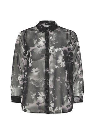 Blusa nera trasparente con motivo floreale in grigio e bianco, colletto a punta e chiusura con bottoni sul davanti, maniche lunghe con polsini neri.