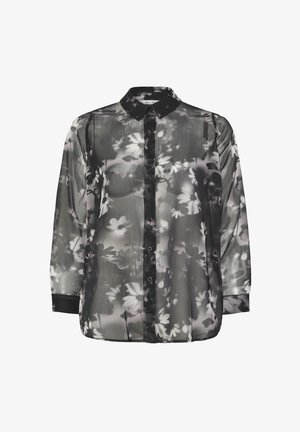 Durchsichtige schwarze Bluse mit einem floralen Muster in Grau und Weiß, einem spitzen Kragen und durchgehender Knopfleiste sowie langen Ärmeln mit schwarzen Manschetten.