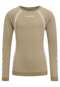 Langærmet atletisk top i beige med cremefarvede accenter, featuring en rund hals, ribbede manchetter og et logo på forsiden.
