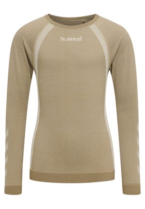 Langarm sporttop in beige met crèmekleurige accenten, met een ronde hals, geribbelde manchetten en een logo op de voorkant.