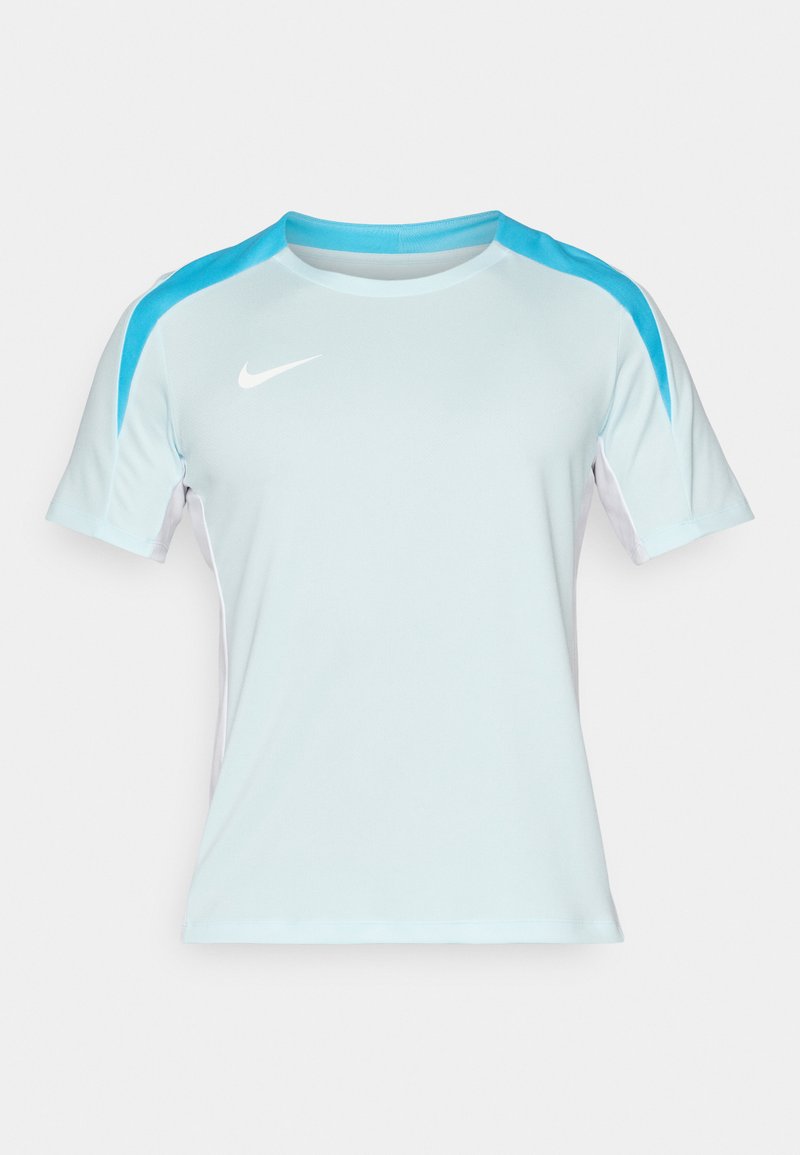 Hellblaues Sportshirt mit türkisfarbenen Schulterakzenten, kurzen Ärmeln, rundem Ausschnitt und weißem Nike-Logo auf der Brust.