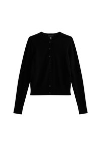 Cardigan nero realizzato in morbido materiale, con scollatura rotonda, maniche lunghe e chiusura frontale abbottonata con piccoli bottoni neri.