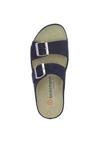 Navy blue slide sandal with two adjustable buckles, suede-like upper, and a cushioned insole featuring a branded logo in orange.