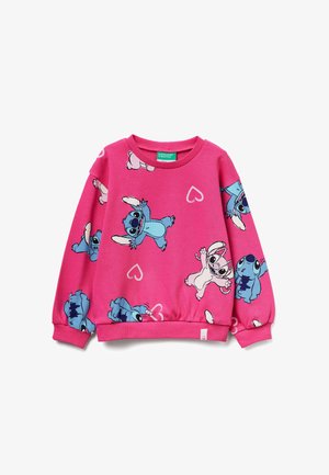 Růžová mikina s hravým vzorem modrých a bílých kreslených postaviček a srdíček, vyrobená z měkkého a pružného materiálu.