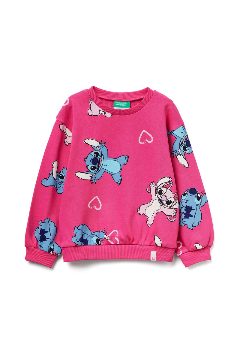 Rosa Sweatshirt mit einem verspielten Muster aus blauen und weißen Cartoonfiguren sowie Herzen, hergestellt aus weichem, dehnbarem Material.