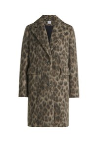 Płaszcz wełniany w panterkę, z klapami w szpic, dwiema przednimi kieszeniami, zapięciem na trzy guziki oraz lekko fakturowaną powierzchnią.