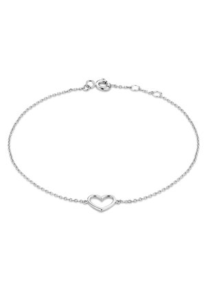 Feines silbernes Kettenarmband mit kleinem offenem Herzanhänger in der Mitte und einem Karabinerverschluss.