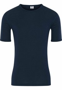 Mørkeblå kortærmet t-shirt lavet af glat stof, med rund halsudskæring og ren syning samt et minimalistisk design.