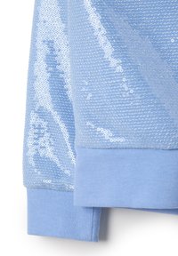 Hellblaues Sweatshirt mit Paillettenverzierungen. Verfügt über eine strukturierte Vorderseite und einen glatten, blauen Rippbund. Weicher Stoff, lässige Passform.