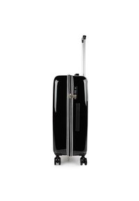 Maleta rígida negra con acabado brillante, mango telescópico plateado, cuatro ruedas y dos franjas blancas que corren verticalmente.