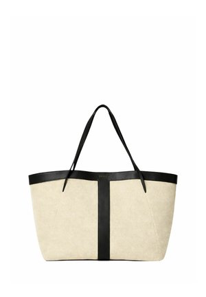 Borsa tote beige con manici e finiture in pelle nera, con una striscia nera verticale al centro davanti.