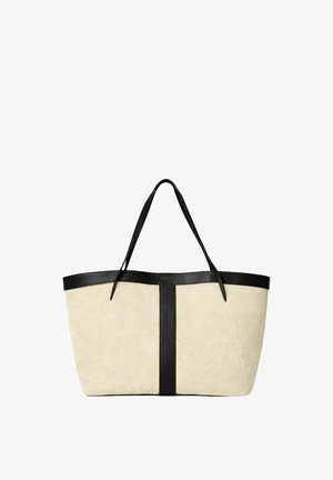 Borsa tote beige con manici e finiture in pelle nera, con una striscia nera verticale al centro davanti.