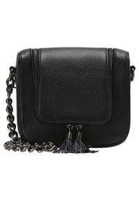 Borsa a tracolla in pelle nera con finitura texturizzata, dotata di tracolla a catena e dettagli con frange, chiusura con zip e tasca con pattina.