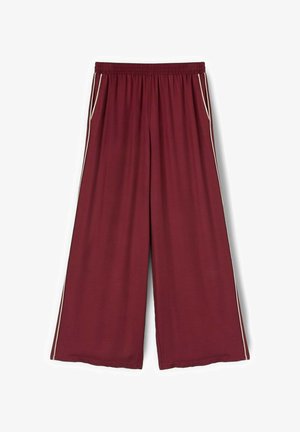 Wijd uitlopende bordeauxrode broek met elastische tailleband en witte zijstrepen, met zijzakken.