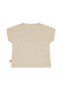 Light beige short-sleeve t-shirt featuring a scattered green bird pattern and a small multicolored tag on the side.