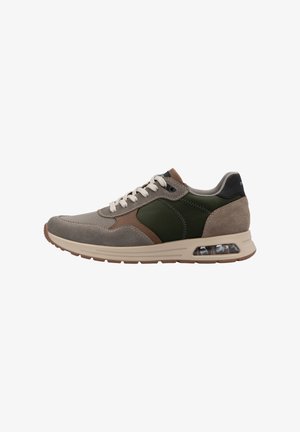Sneakers with a grey suede upper, green leather accents, and brown detailing. Features a cushioned sole with visible air unit.