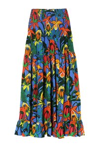 Jupe maxi à imprimé floral avec un fond bleu ornée de fleurs rouges, orange et jaunes, ainsi que de feuilles vertes ; taille froncée et ourlet volanté.