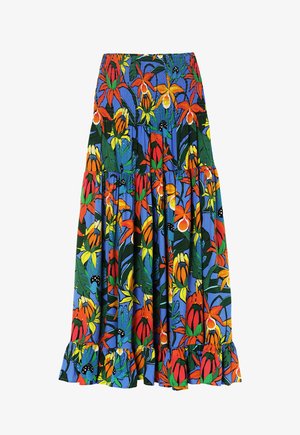 Maxi krilo s cvetnim vzorcem, ki ima modro ozadje z rdečimi, oranžnimi in rumenimi cvetovi ter zelenimi listi; gubana pas in nabran rob.