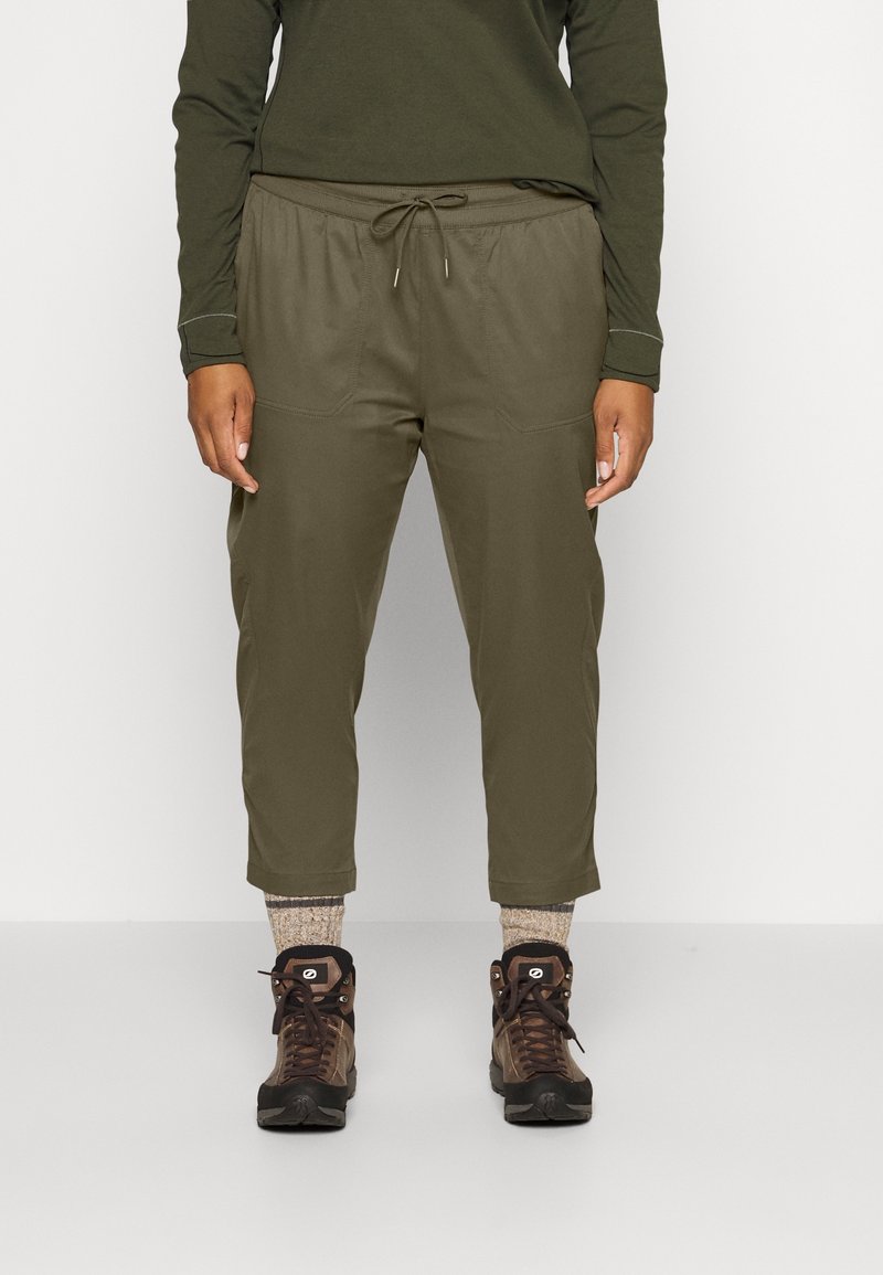 Pantalons tapered légers couleur olive avec taille élastique et cordon de serrage. Comprend deux poches avant et une texture lisse.