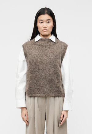 Mujer joven con cabello lacio y oscuro lleva un suéter sin mangas marrón borroso sobre una camisa blanca con cuello y pantalones plisados beige.