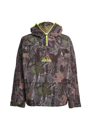 Camouflage hoodie in shades of green, brown, and gray with a quarter-zip neck, large pouch pocket, and neon yellow accents.