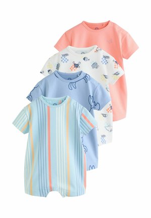 Vier kurzärmelige Baby-Strampler in Pink, Weiß mit Meerestieren, Blau mit Krabbenkonturen und Pastell-Vertikalstreifen.