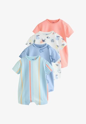 Štirje kratki otroški pajaci z rokavi v roza barvi, beli z morskim motivom, modri s silhuetami rakov in pastelno navpičnimi črtami.