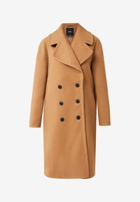 Cappotto doppiopetto color cammello con colletto a revers, realizzato in tessuto liscio, dotato di sei bottoni neri e maniche lunghe.