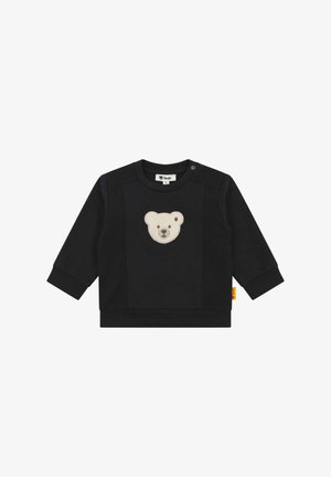 Schwarzer Sweatshirt mit einem Bärenkopf-Applikation in Beige in der Mitte, Rundhalsausschnitt, langen Ärmeln und Druckknopfdetail an der Schulter.