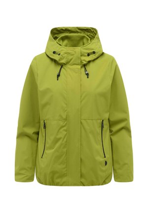 Zielona wodoodporna kurtka z kapturem, zamkiem błyskawicznym z przodu, regulowanymi sznurkami na kapturze oraz zapinanymi na zamek bocznymi kieszeniami.