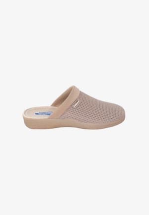 Zuecos beige de tipo slip-on con parte superior de malla perforada y suela de goma sólida, que presentan un borde suave y un sutil detalle de logo.
