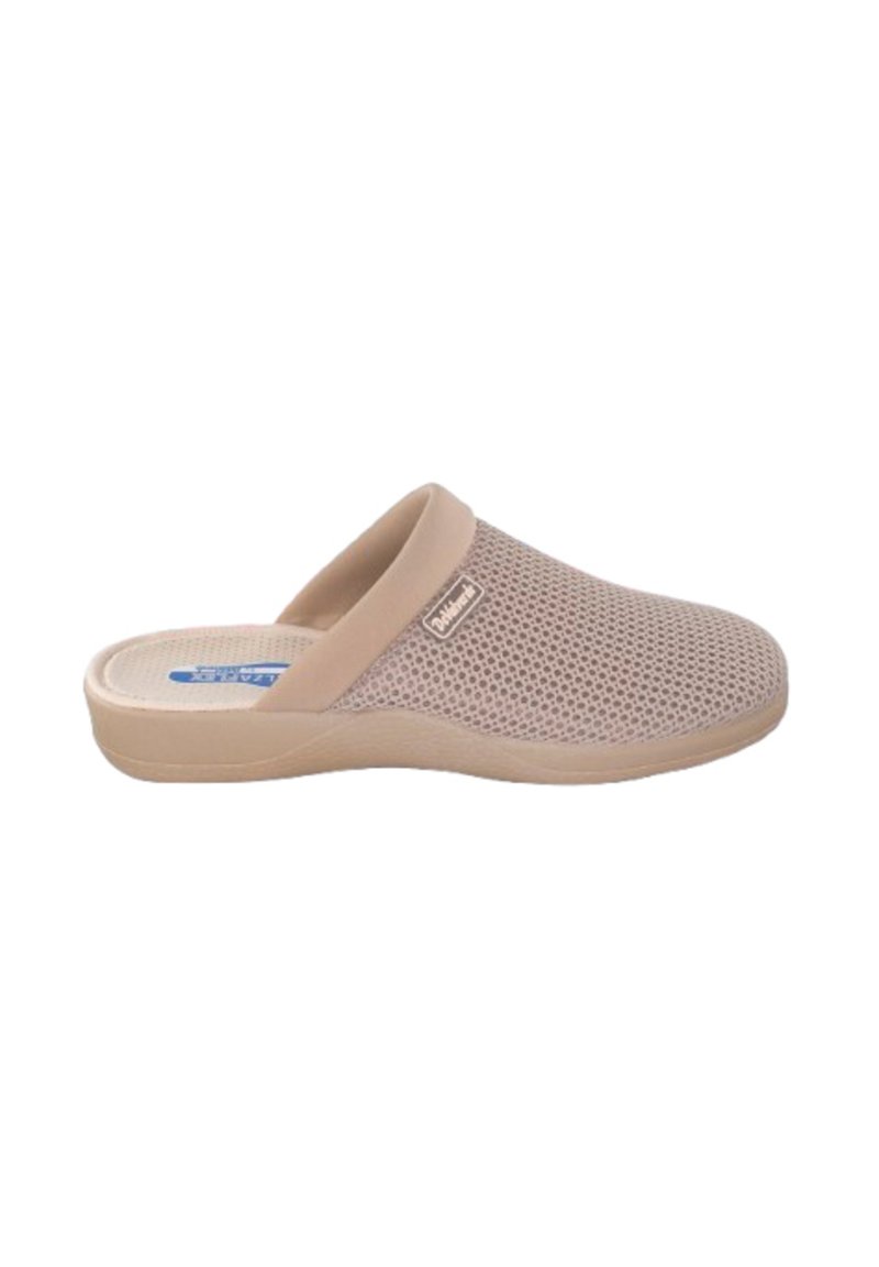 Zuecos beige de tipo slip-on con parte superior de malla perforada y suela de goma sólida, que presentan un borde suave y un sutil detalle de logo.