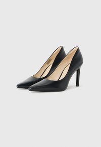 Black leather pointed-toe high-heeled shoes with beige inner lining, displayed side-by-side on a plain white background.