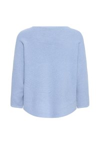 Gaiši zils adīts krekls ar apaļu izgriezumu, trīs ceturtdaļu piedurknēm un brīvu griezumu. Tekstūrēta virsma ar smalku ribotu rakstu.