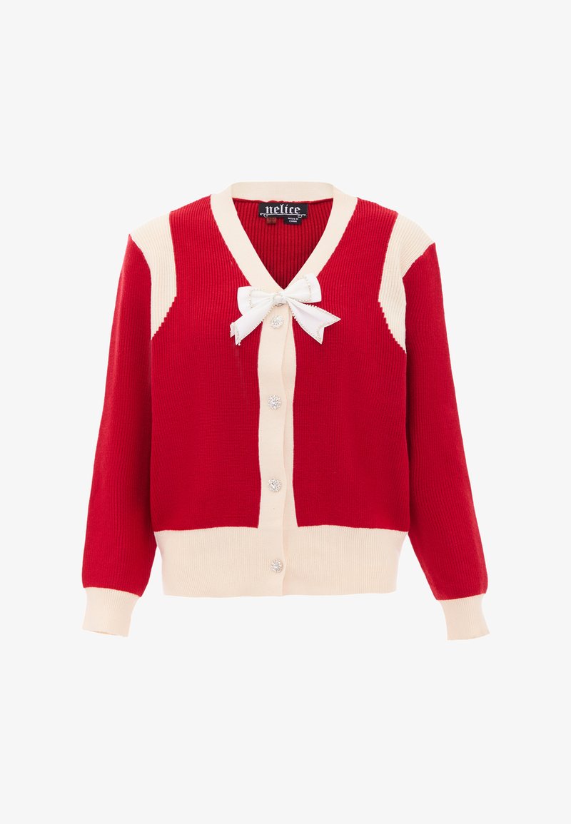 Cardigan tricotat roșu cu accente crem, având un gât în V, mâneci lungi, un detaliu în formă de fundă și butoane decorative pe față.