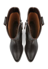 Black leather ankle boots with a textured finish, pointed toes, and side zippers. Interior features smooth beige lining.
